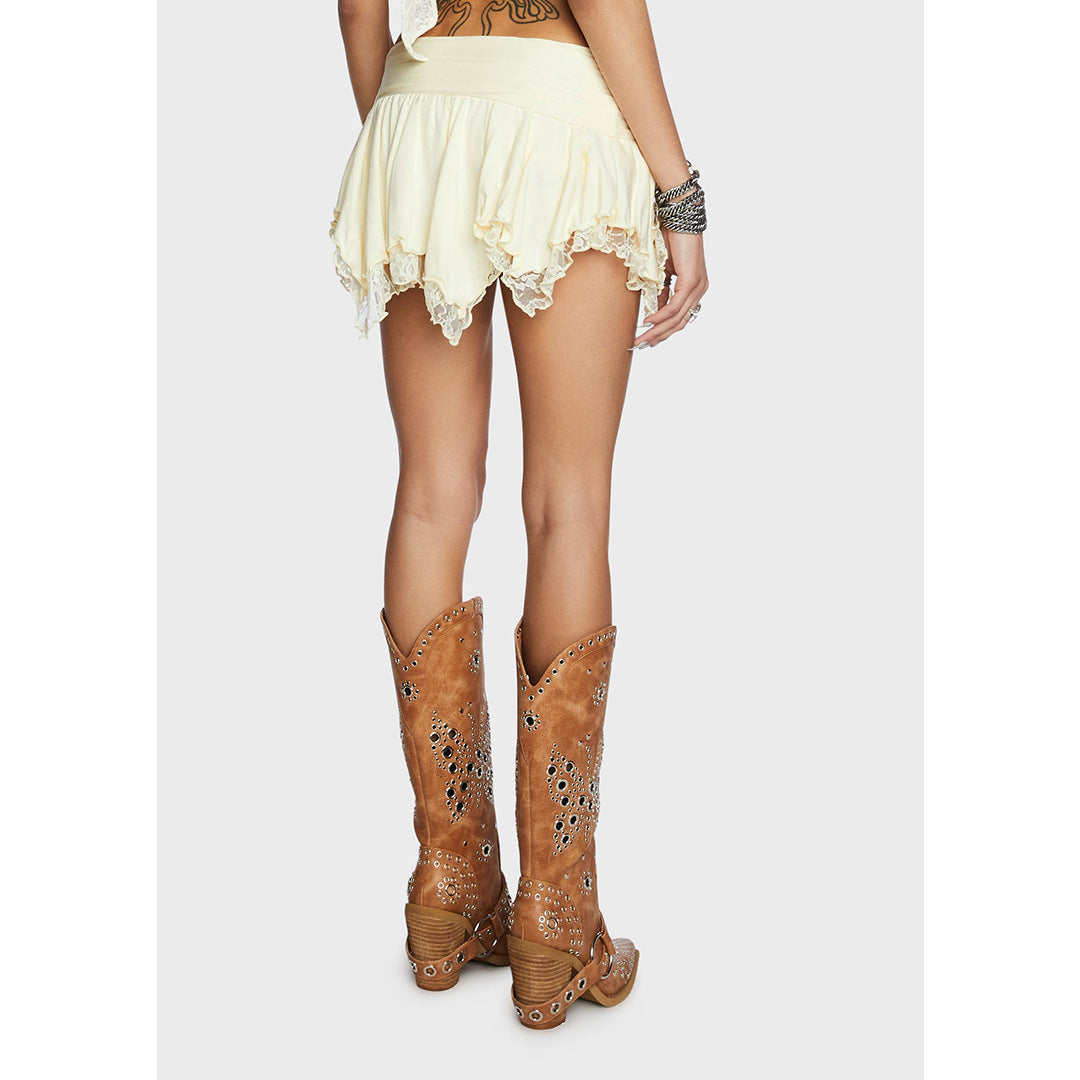Double Layer Lace Detail Asymmetric Mini Skirt