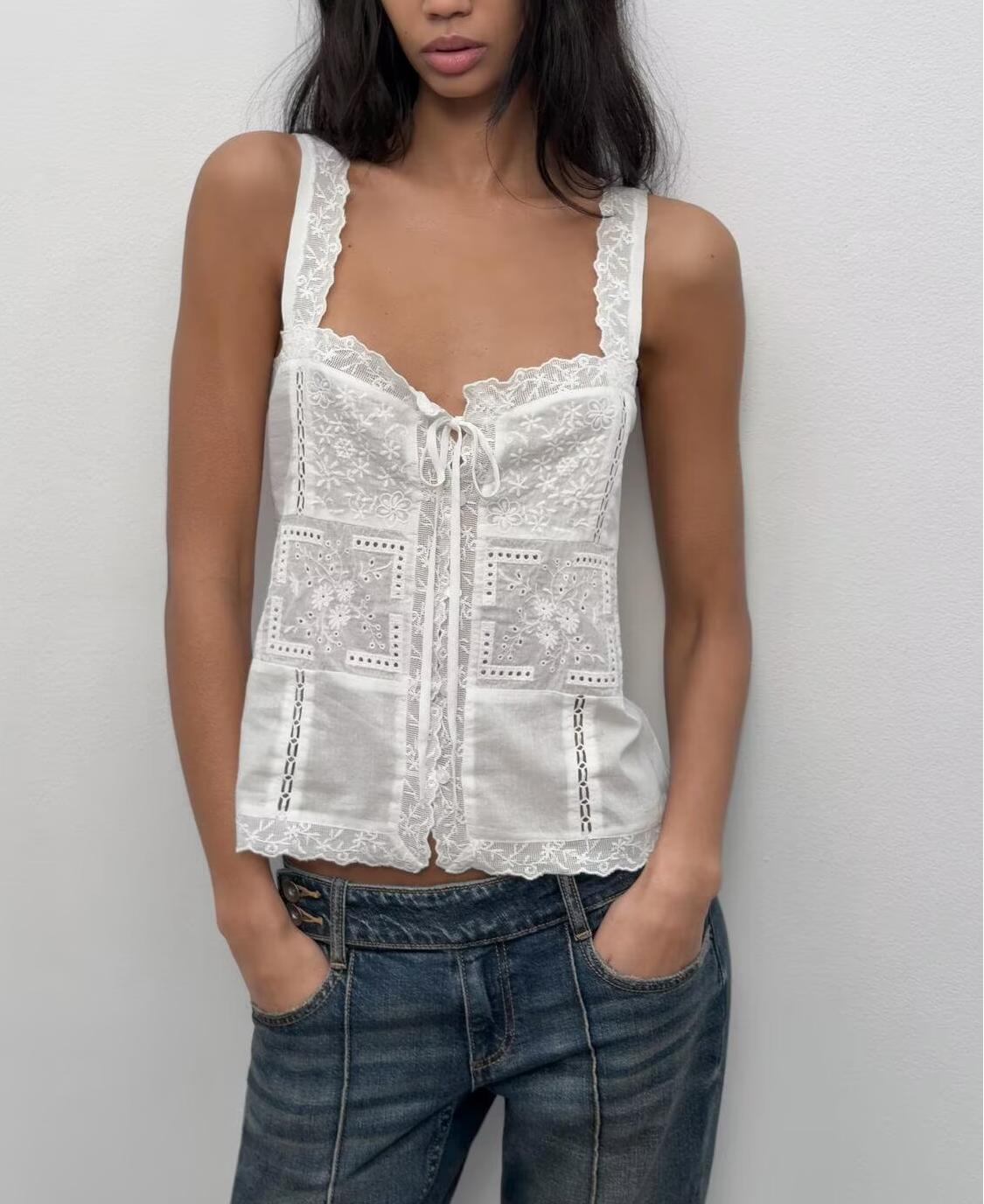 White Lace Embroidered Tank Top with Tie