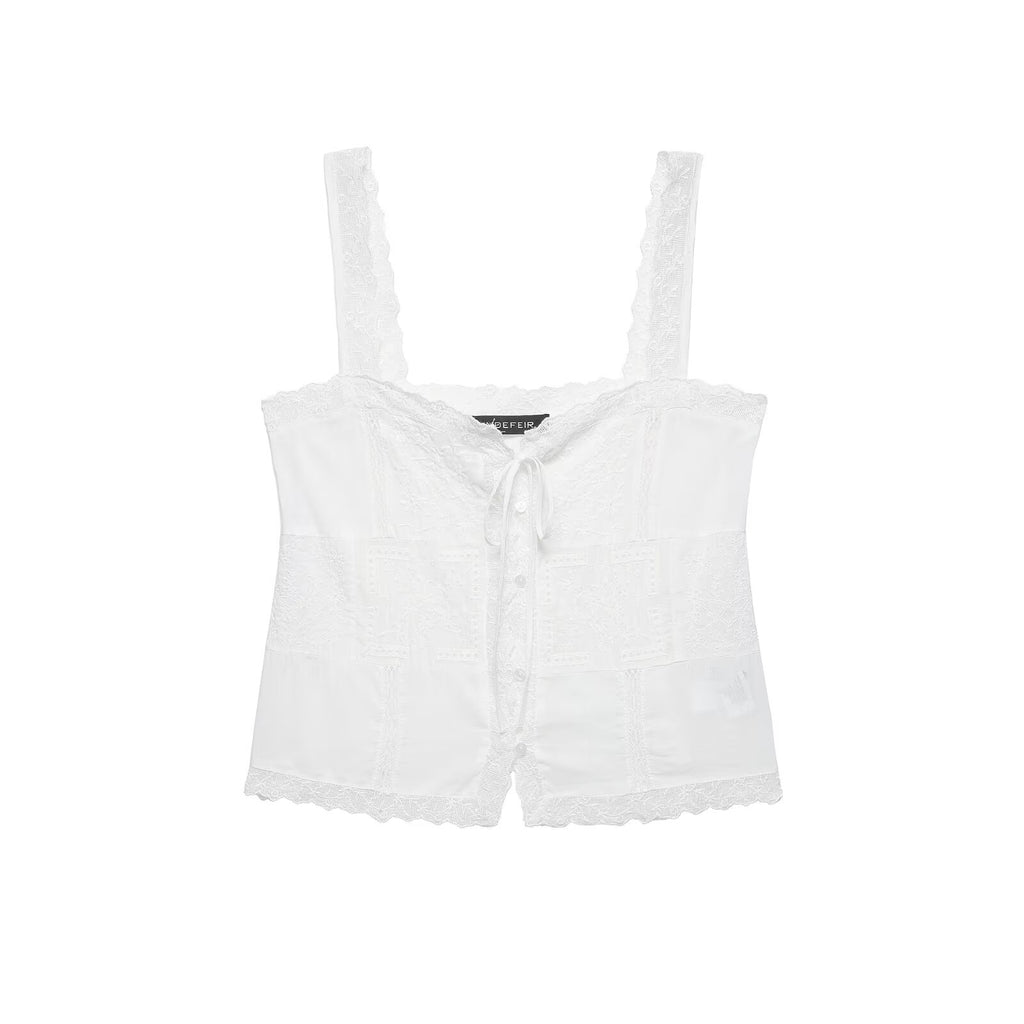White Lace Embroidered Tank Top with Tie
