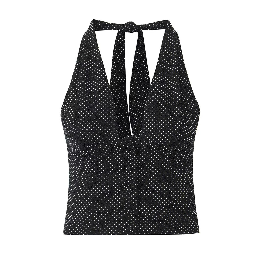 Polka Dot Backless Lace up Halter Top V-Neck