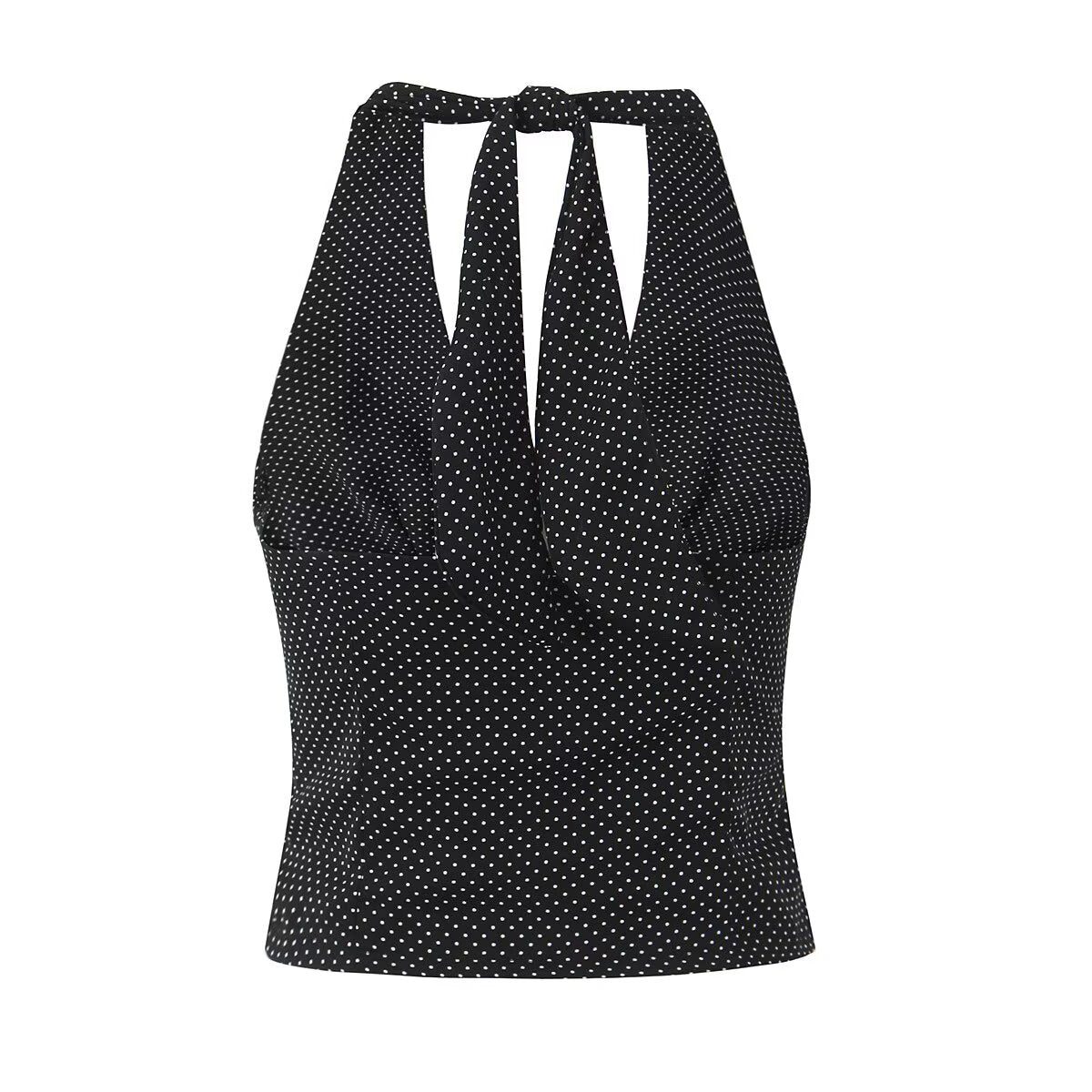 Polka Dot Backless Lace up Halter Top V-Neck