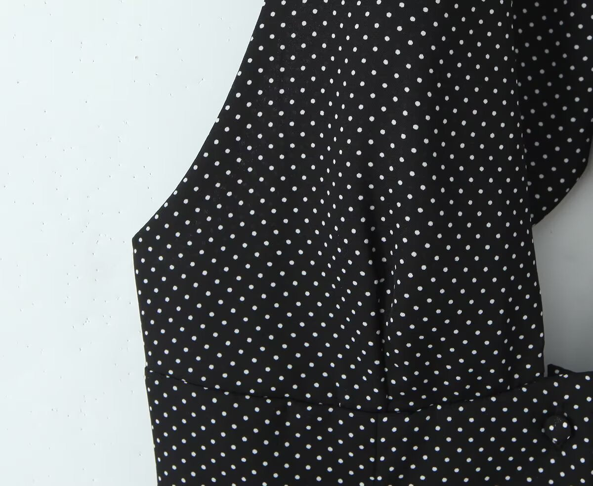 Polka Dot Backless Lace up Halter Top V-Neck