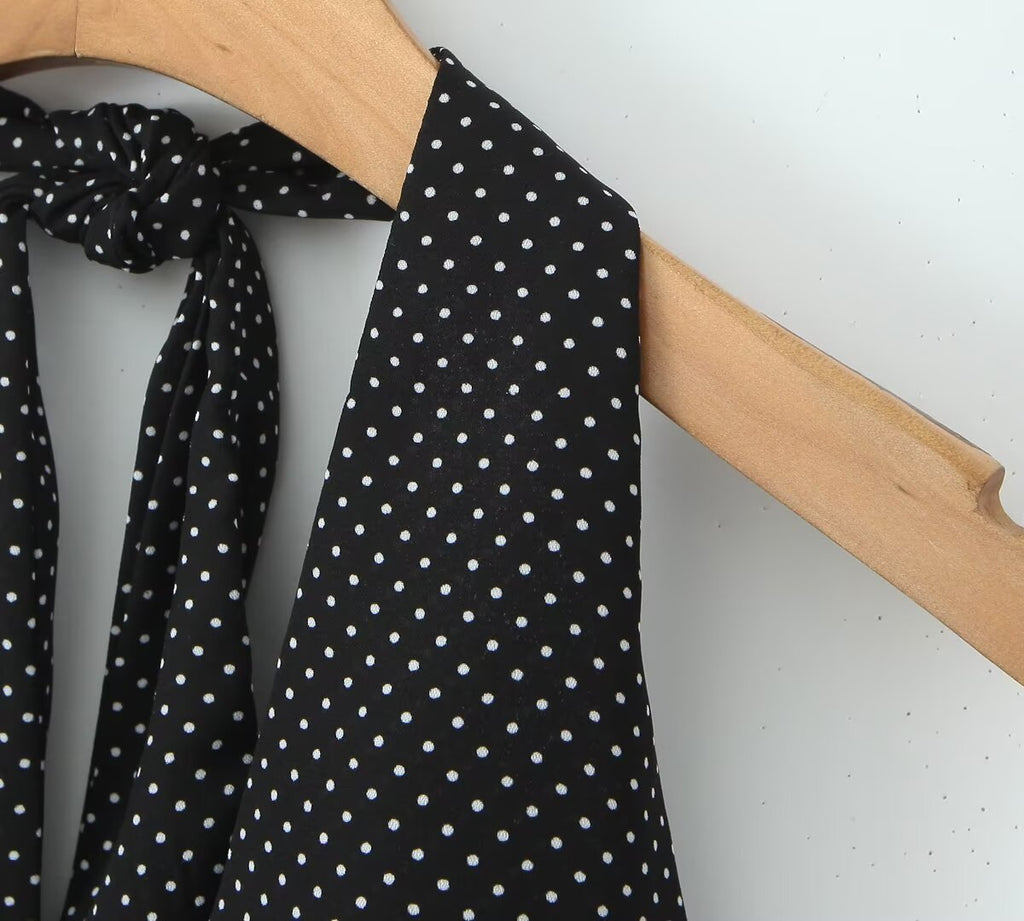 Polka Dot Backless Lace up Halter Top V-Neck