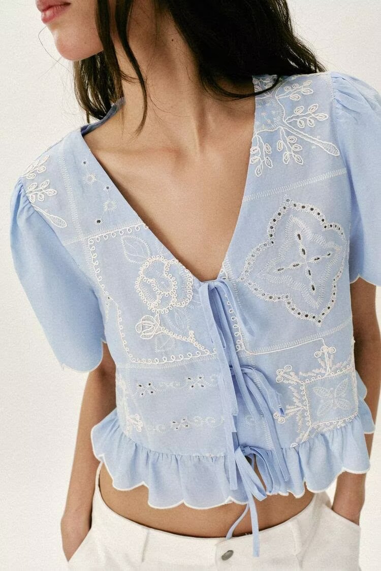 Baby Blue Cutout Embroidered Tie Shirt