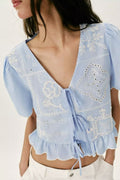 Baby Blue Cutout Embroidered Tie Shirt