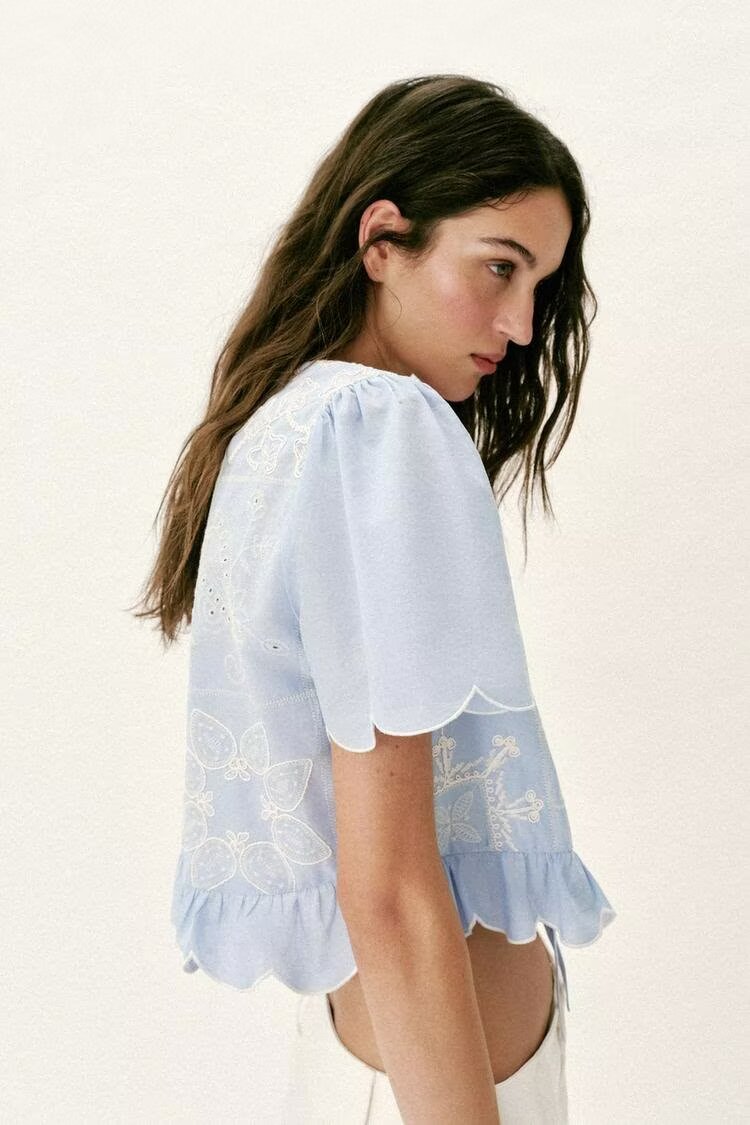 Baby Blue Cutout Embroidered Tie Shirt