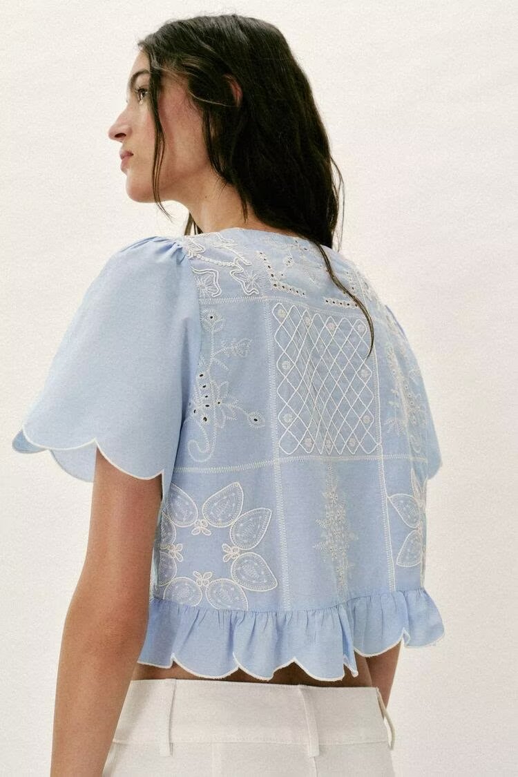 Baby Blue Cutout Embroidered Tie Shirt