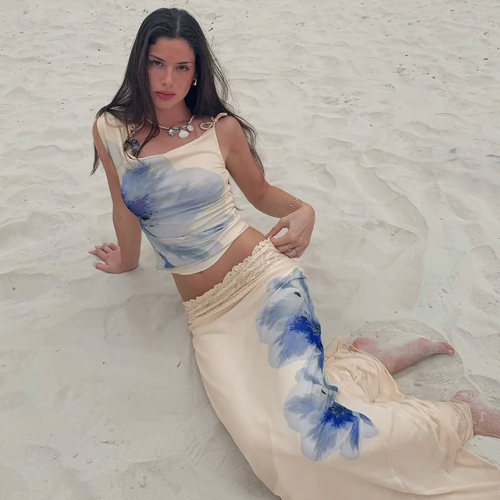 Blue Flower Top and Wavy Lace Edge Skirt Set
