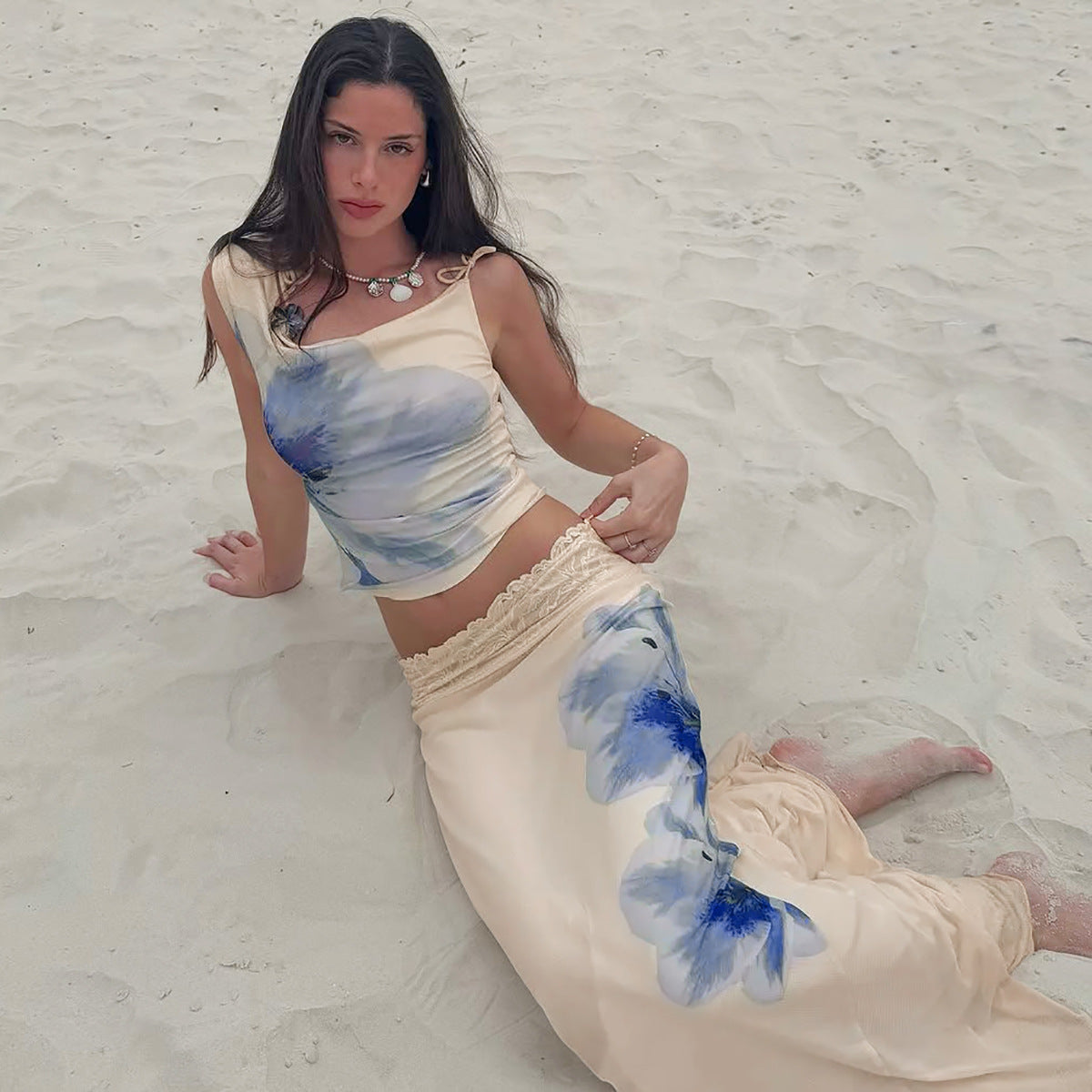 Blue Flower Top and Wavy Lace Edge Skirt Set