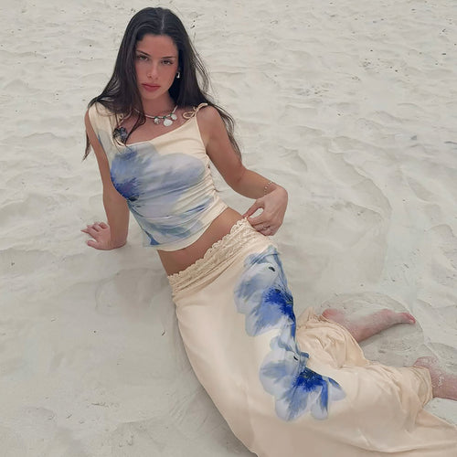 Blue Flower Top and Wavy Lace Edge Skirt Set