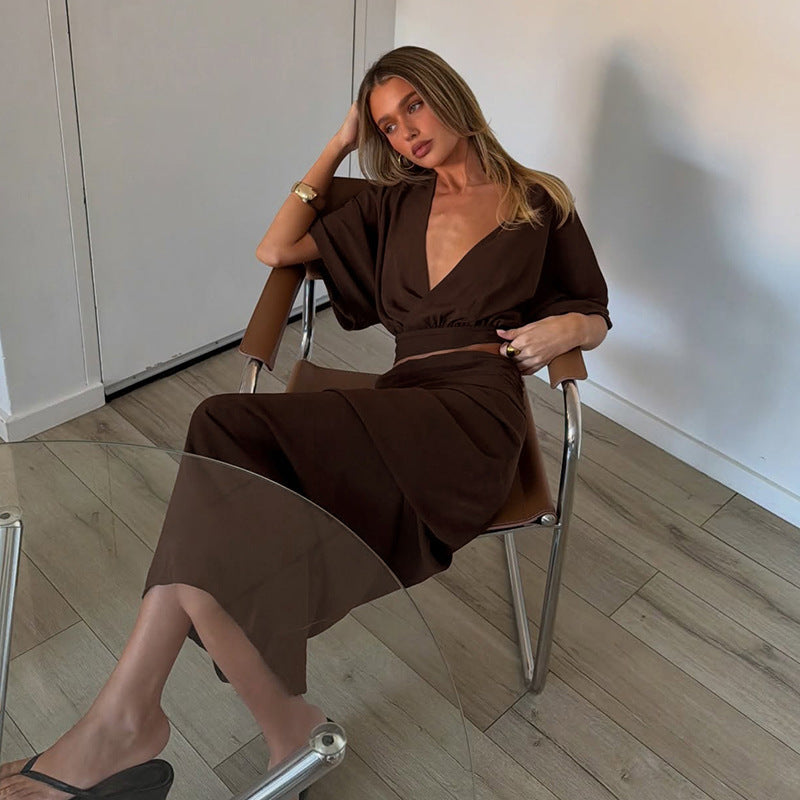 Brown Cropped V Neck Wrap Two Piece Set