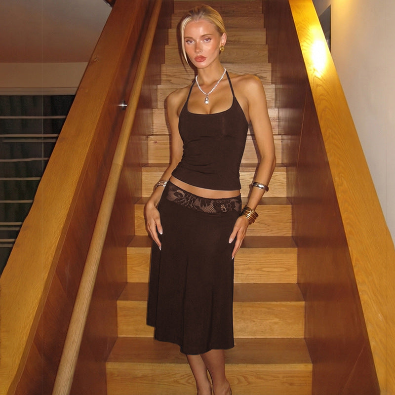 Mocha Halter Tank and Lace Stitched Skirt Set