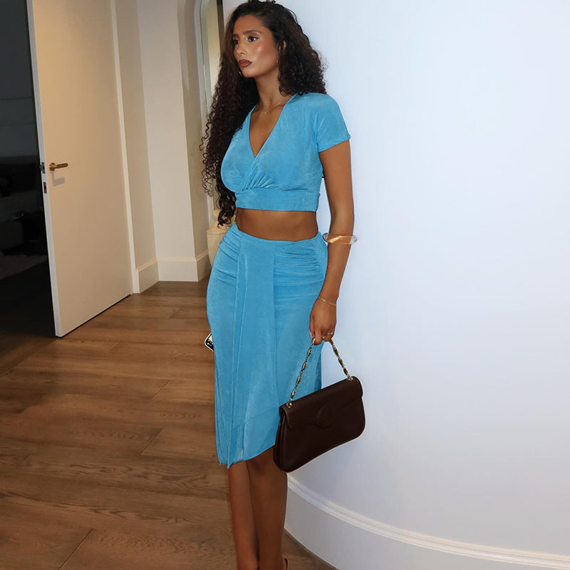 V neck Short Sleeve Top and Low Waist Skirt Set