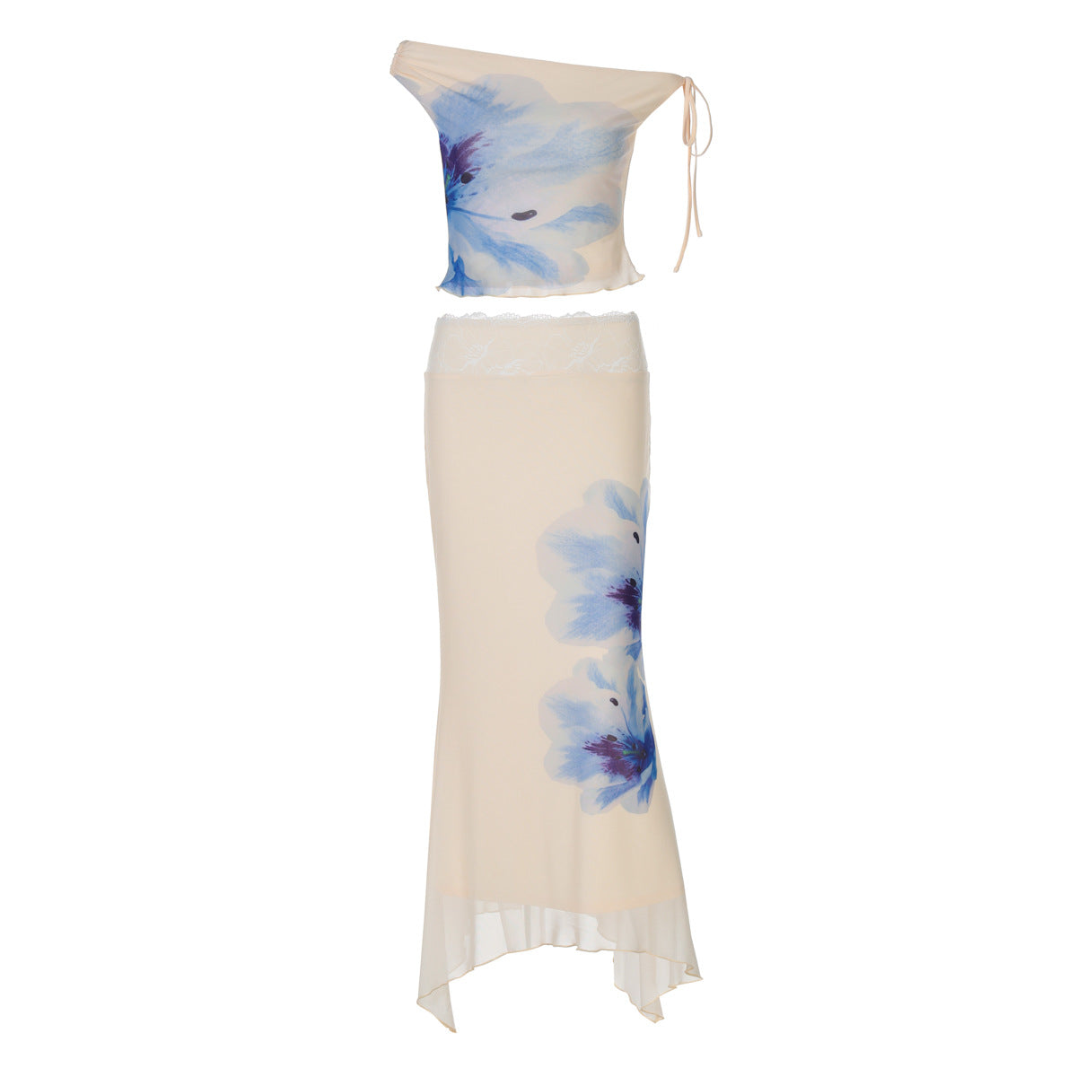 Blue Flower Top and Wavy Lace Edge Skirt Set