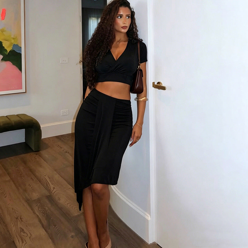 V neck Short Sleeve Top and Low Waist Skirt Set