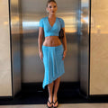 V neck Short Sleeve Top and Low Waist Skirt Set