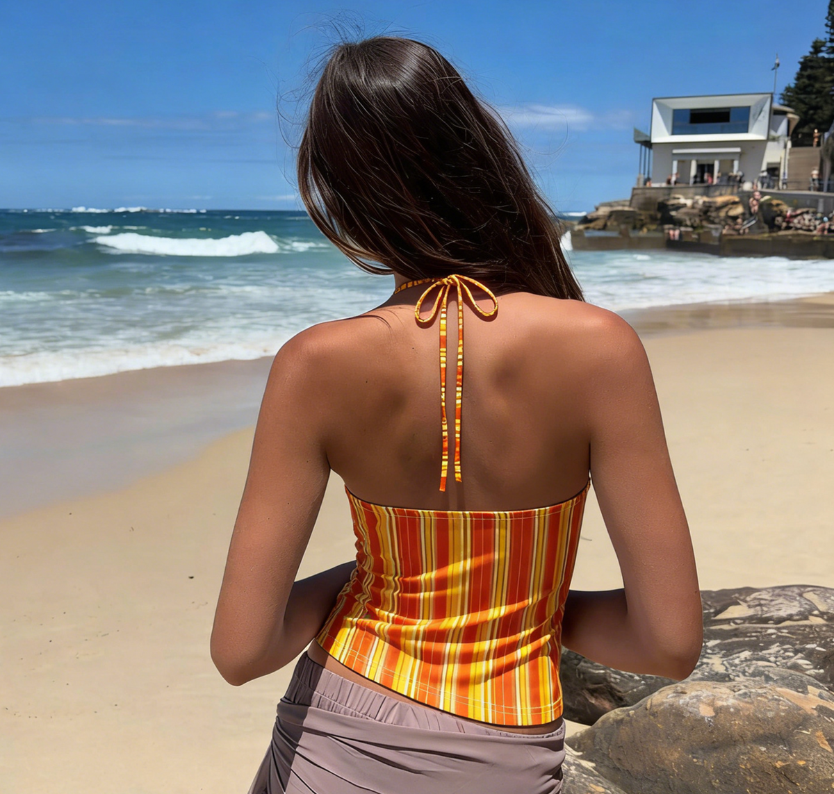 Orange and Yellow Striped Halter Neck Top