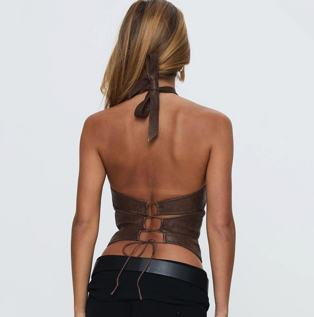 Brown Pleather Halter Top