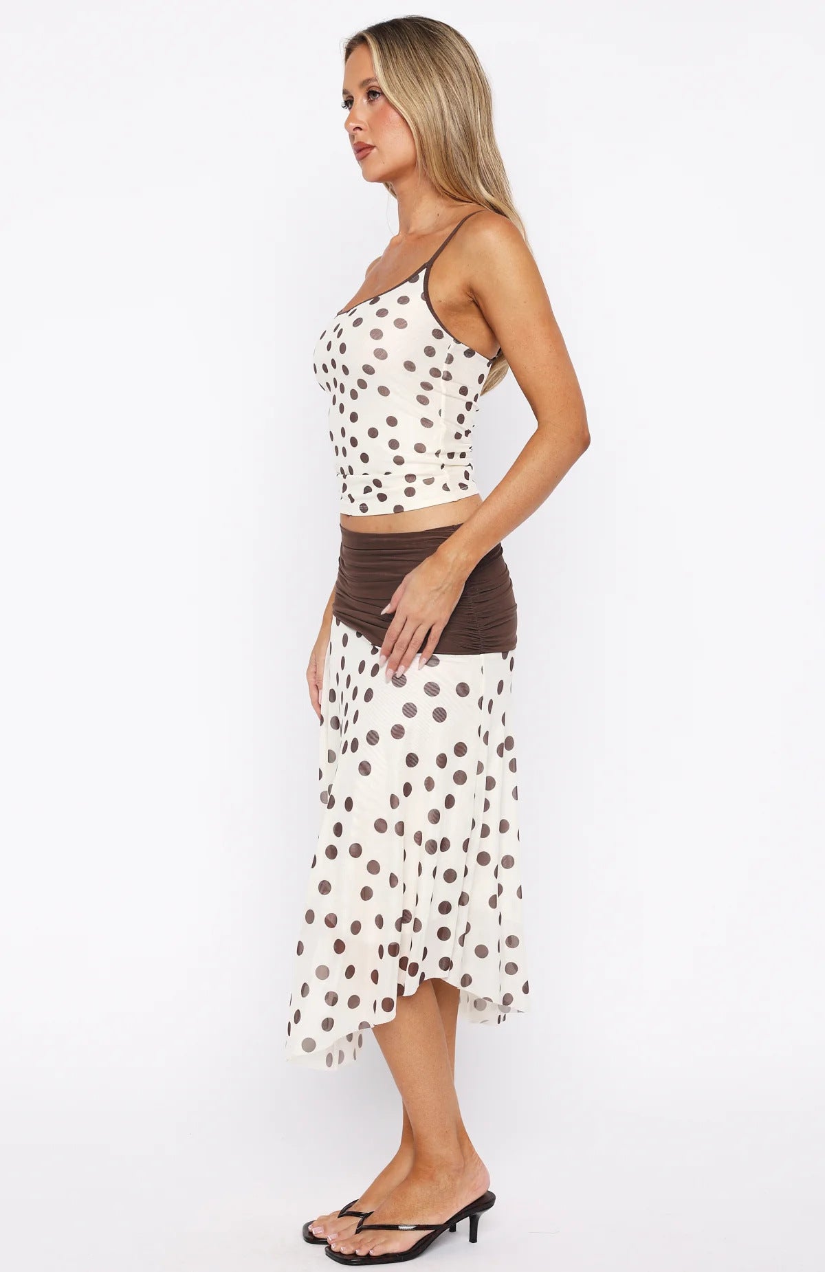 Brown and White Polka Dot Skirt Set